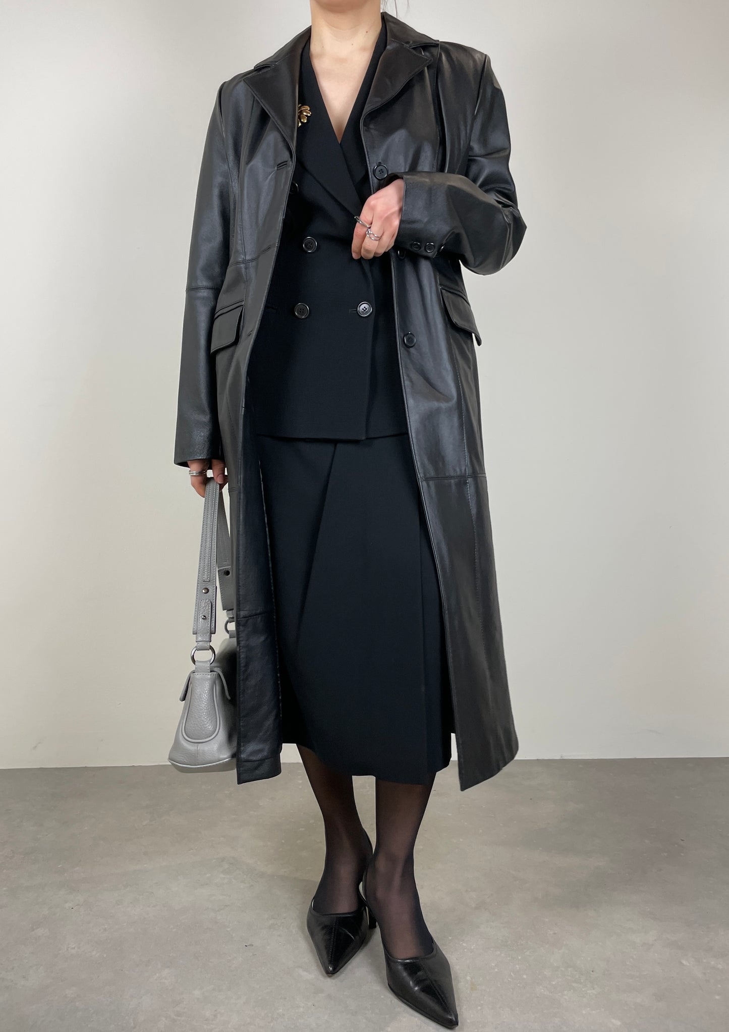 Leather long trench coat