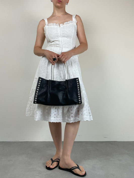 Shopper in vera pelle nera con inserti bianchi