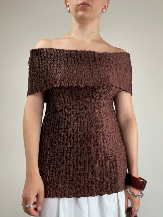 Top vintage marrone effetto crinkle