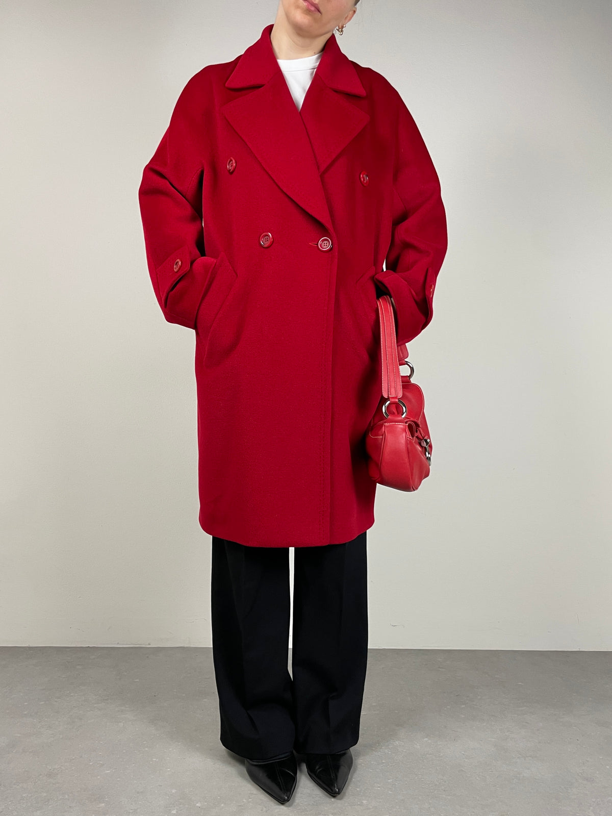 Cappotto rosso in lana, angora e cashmere