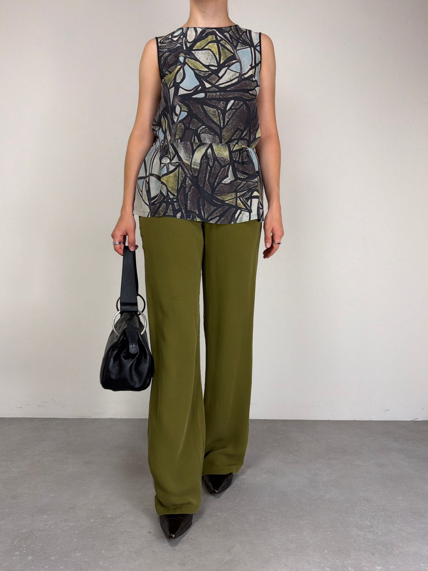 Pantalone vintage in seta verde oliva