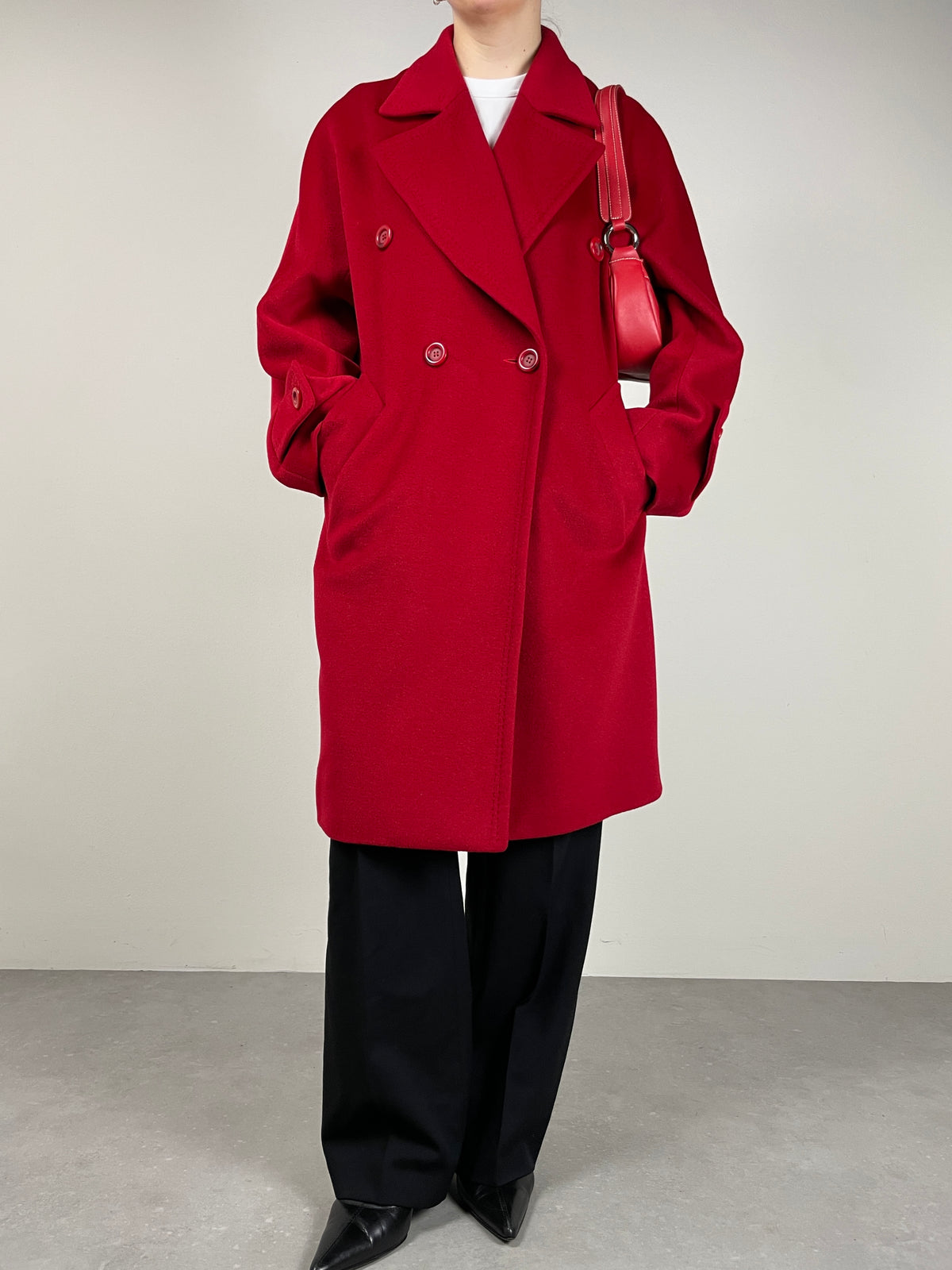 Cappotto rosso in lana, angora e cashmere