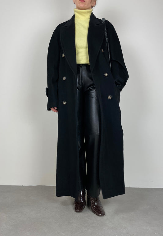 Long black wool, cashmere, angora coat