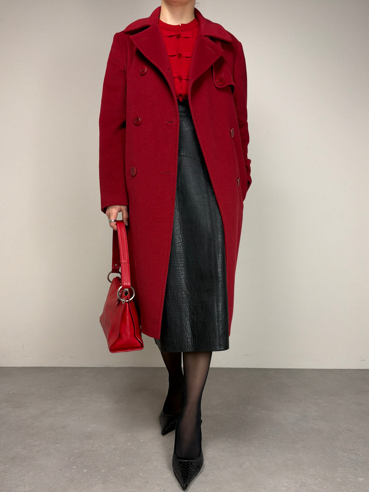 Cappotto bordeaux in lana cashmere e angora