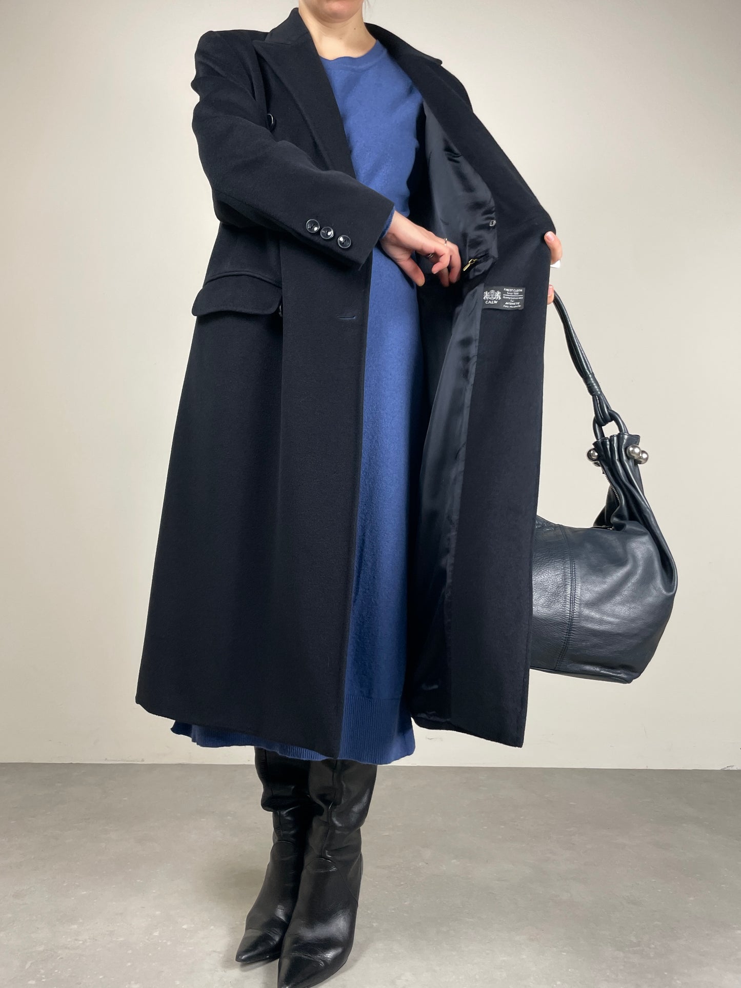 Cappotto a doppiopetto in lana, cashmere e ancora blu scuro