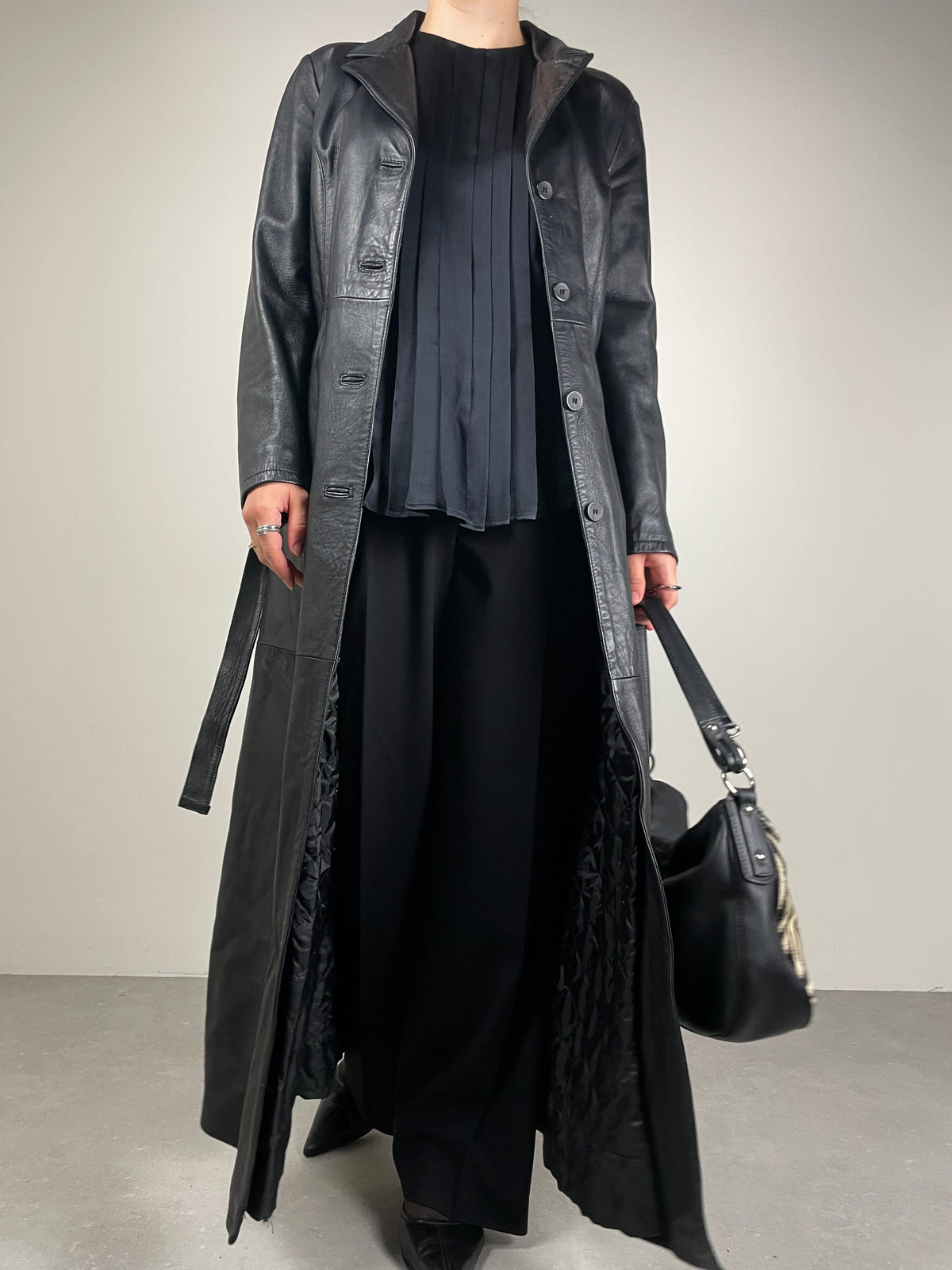 Trench lungo in vera pelle nero