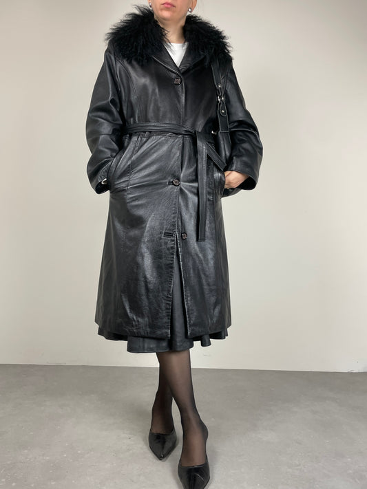 Trench in vera pelle con collo in pelliccia Mongolia