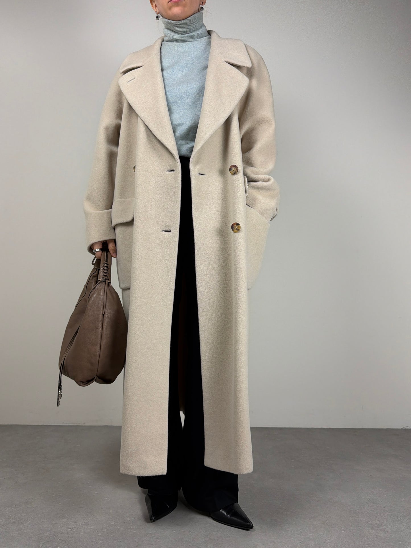 Cappotto lungo panna in lana, angora e cashgora