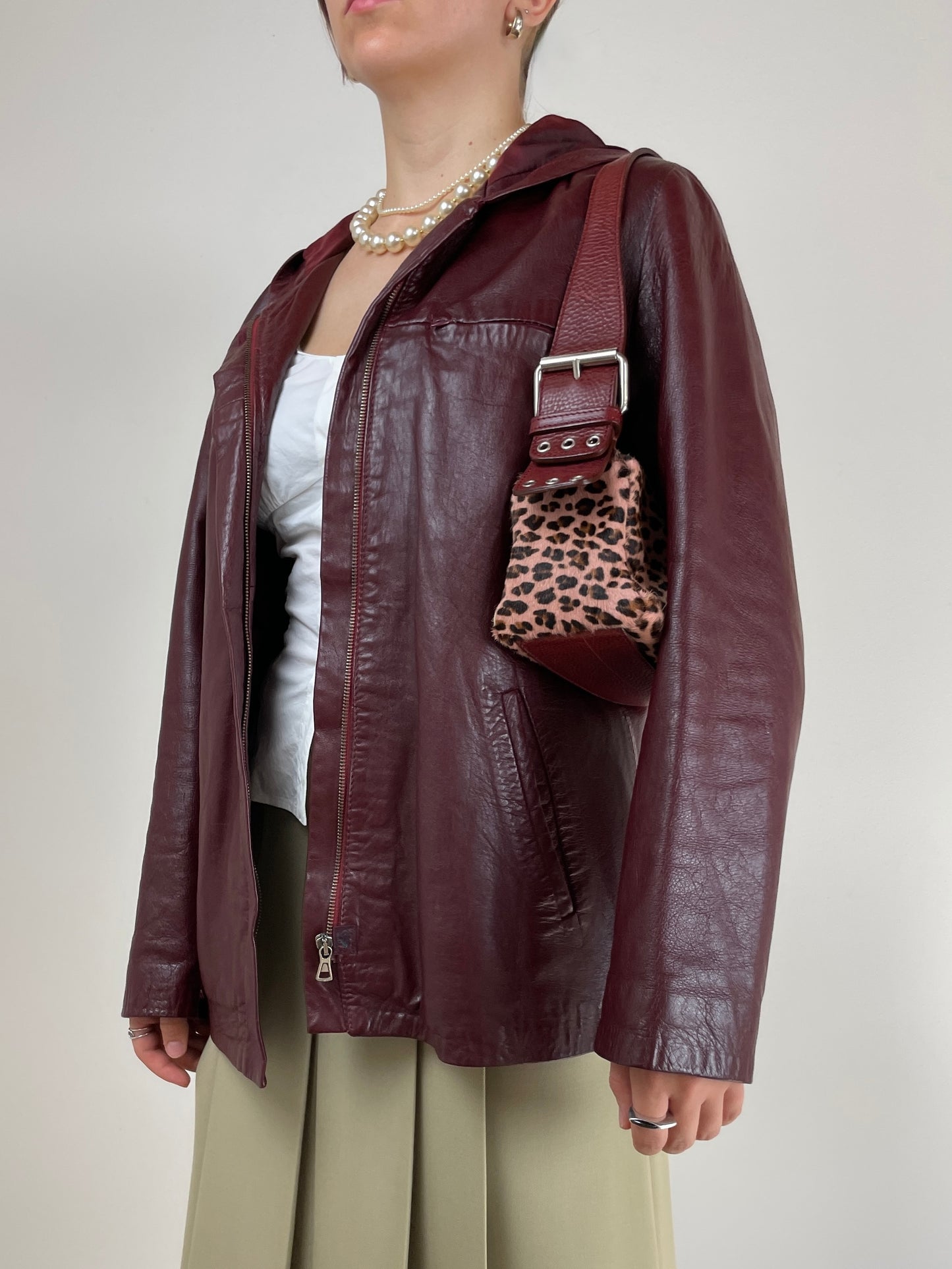 Giacca vintage in vera pelle bordeaux