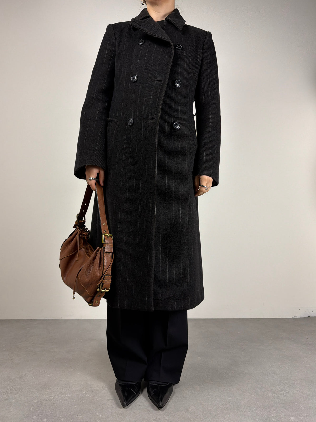 Cappotto gessato in lana e angora made in Italy