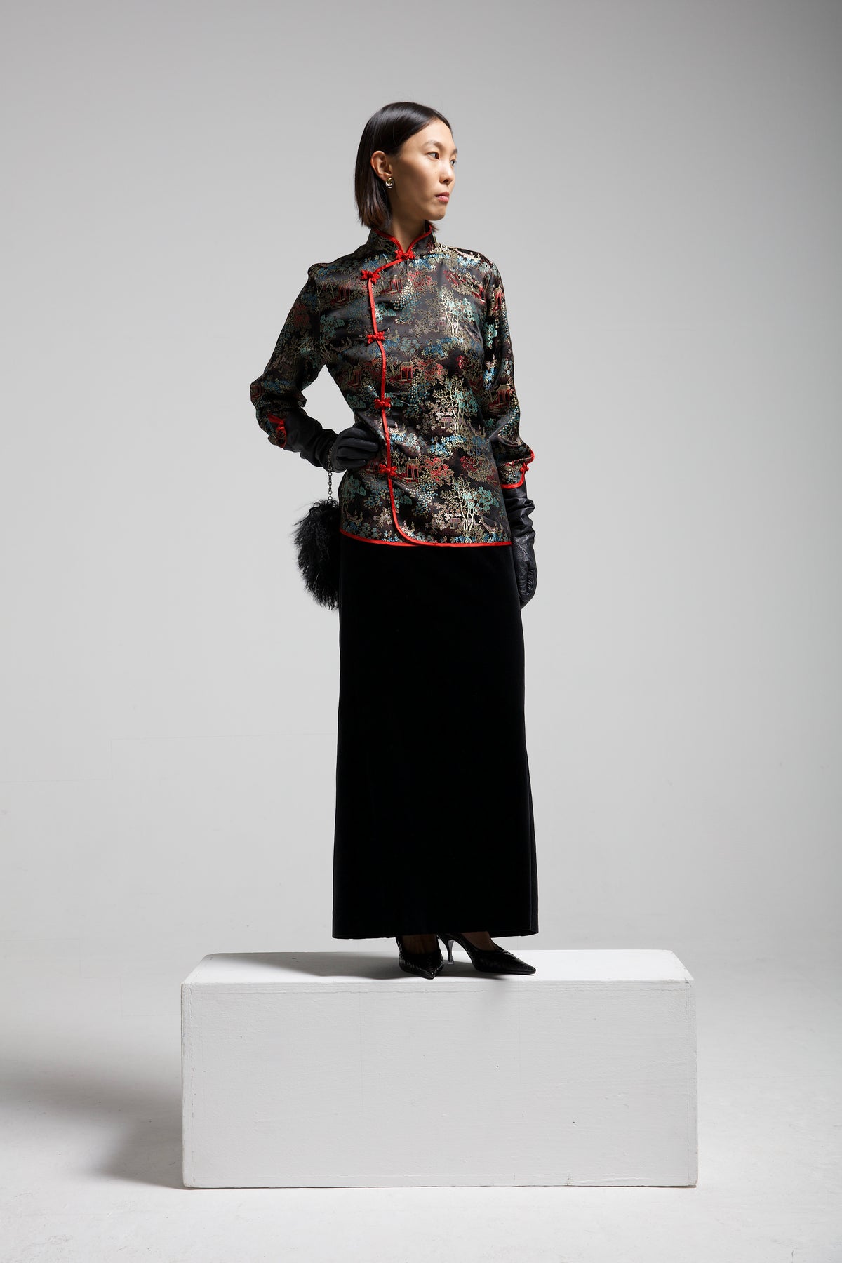 Blusa in jacquard di viscosa con paesaggio asiatico