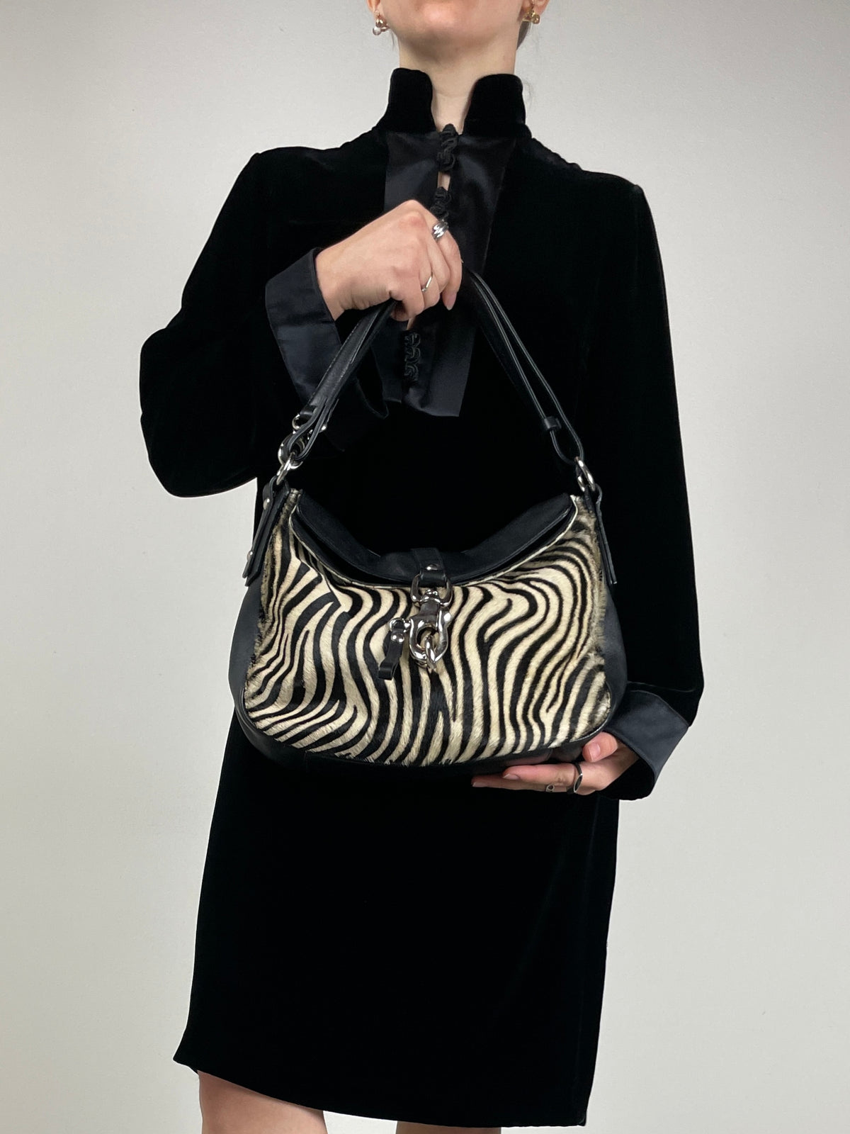 Borsa in vera pelle con pannello in cavallino zebrato