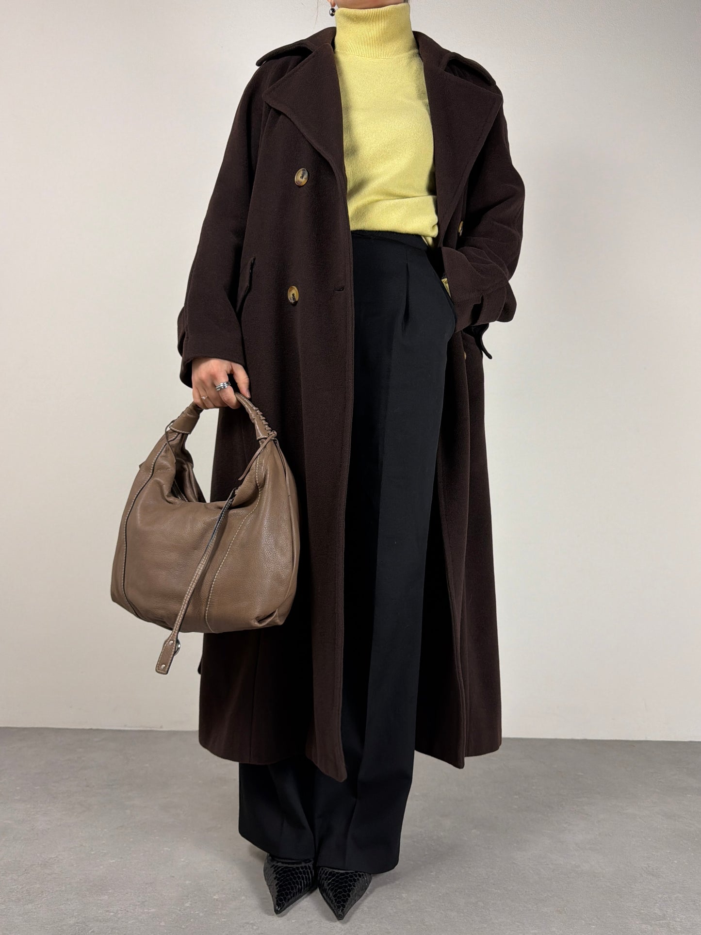 Cappotto lungo in lana color cioccolato