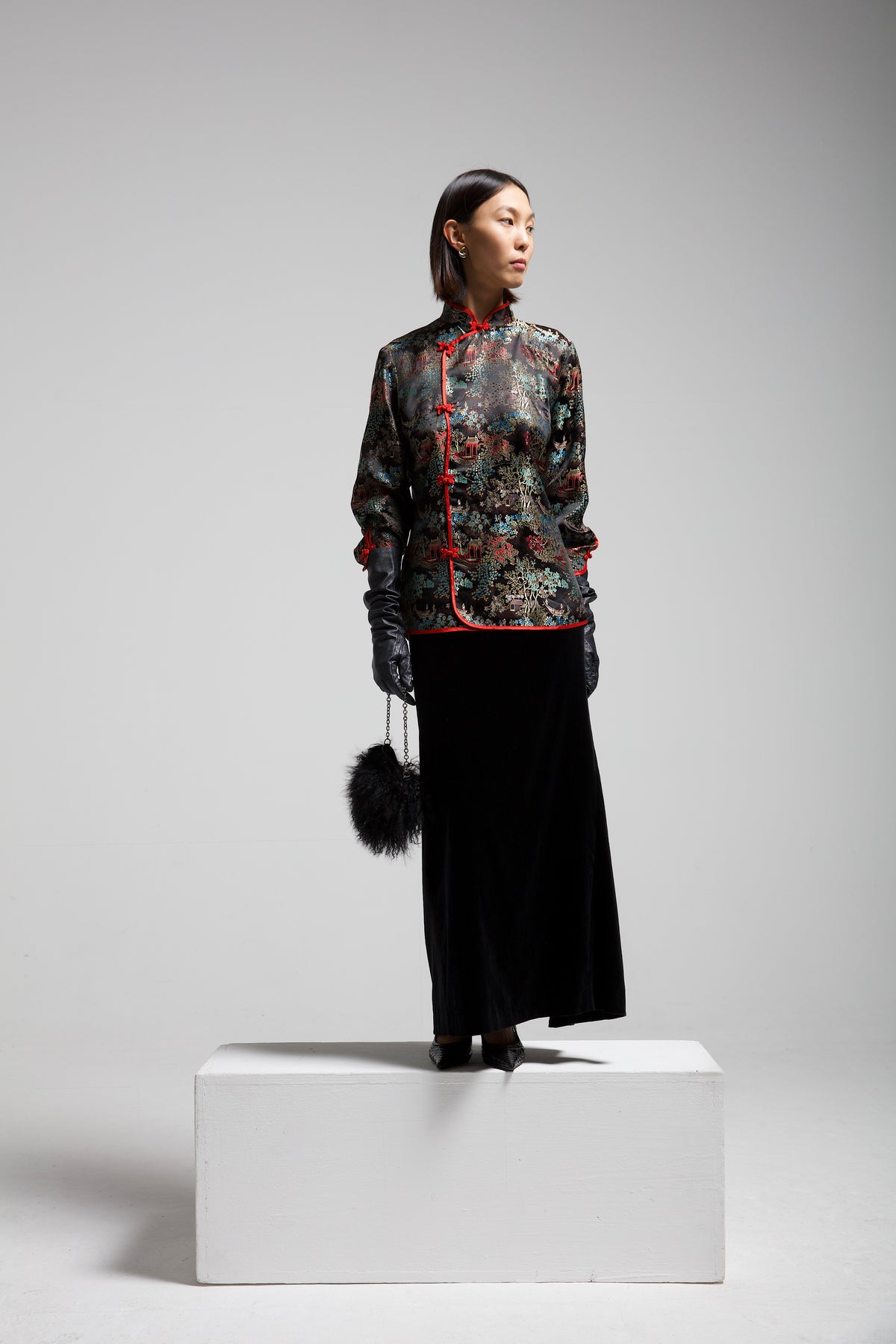 Blusa in jacquard di viscosa con paesaggio asiatico