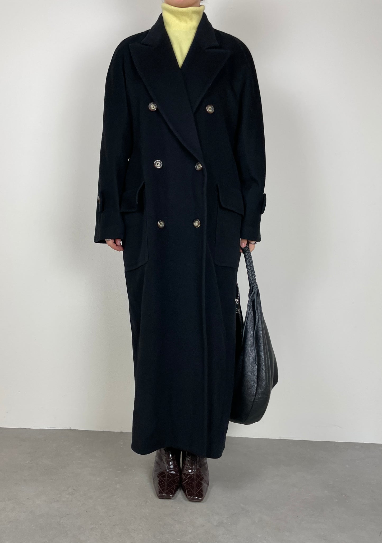 Long black wool, cashmere, angora coat