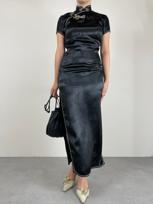Qipao lungo in jacquard di viscosa nero