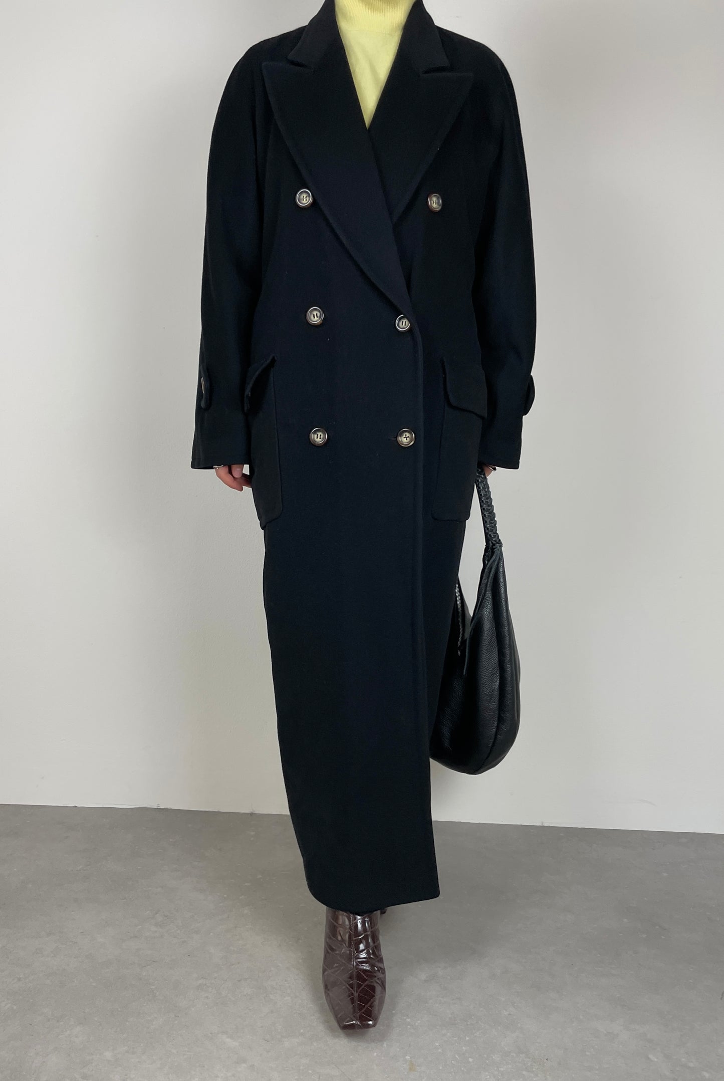 Long black wool, cashmere, angora coat