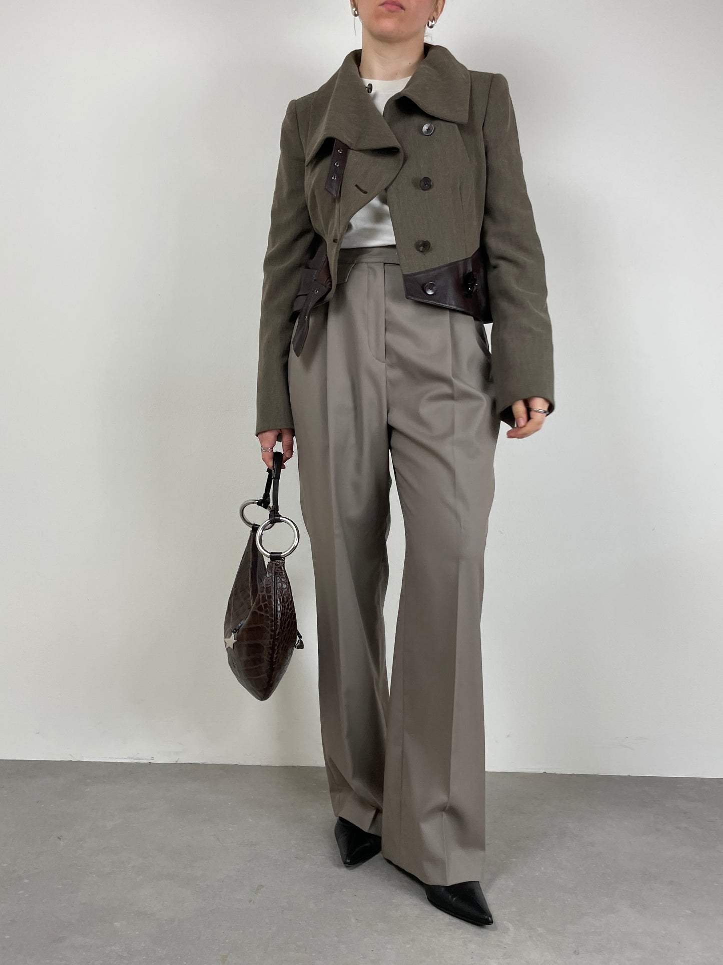 Armani Collezioni giacchetta in lana con dettagli in pelle