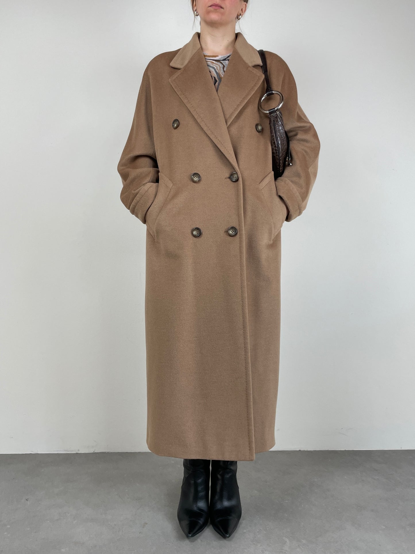 Cappotto vintage cammello in lana, angora e cashmere