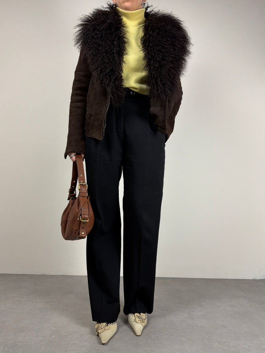 Shearling marrone con collo in pelliccia di Mongolia