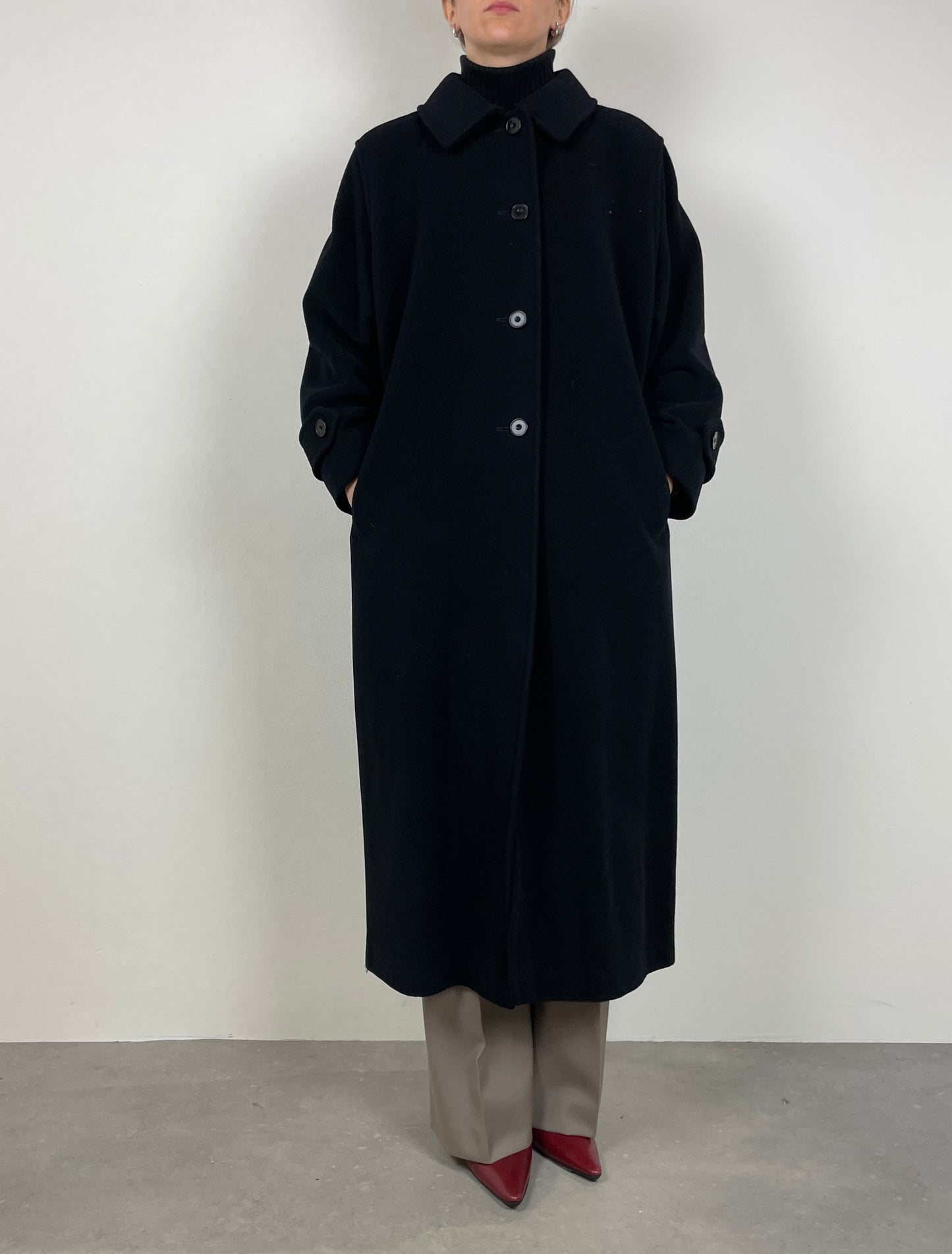 Long black wool coat with belt