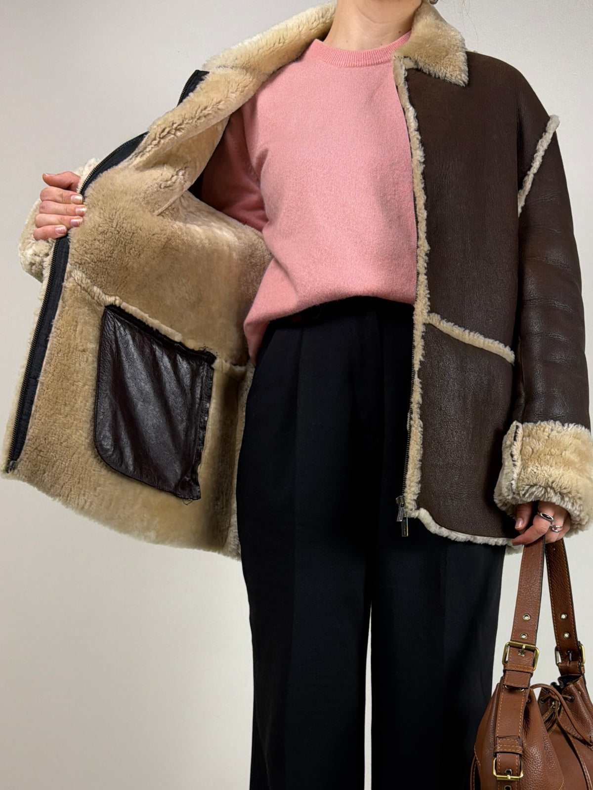 Shearling vintage made in Italy marrone con pelo beige