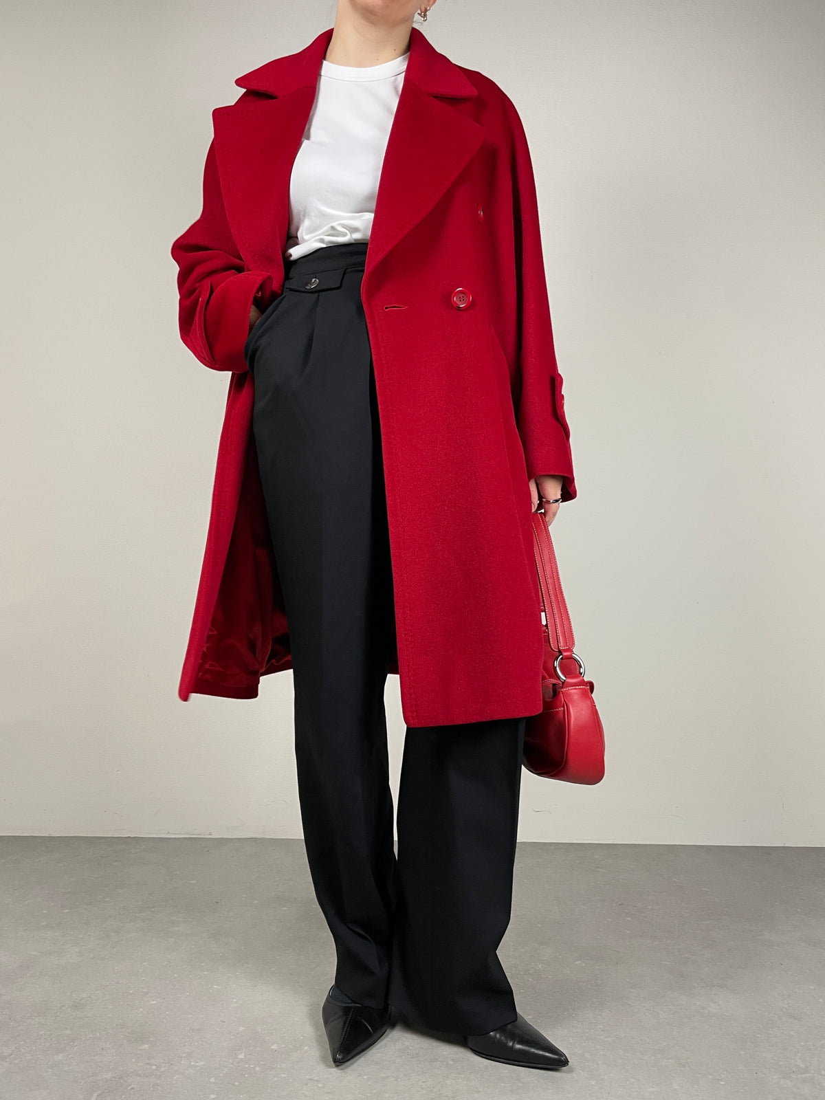 Cappotto rosso in lana, angora e cashmere