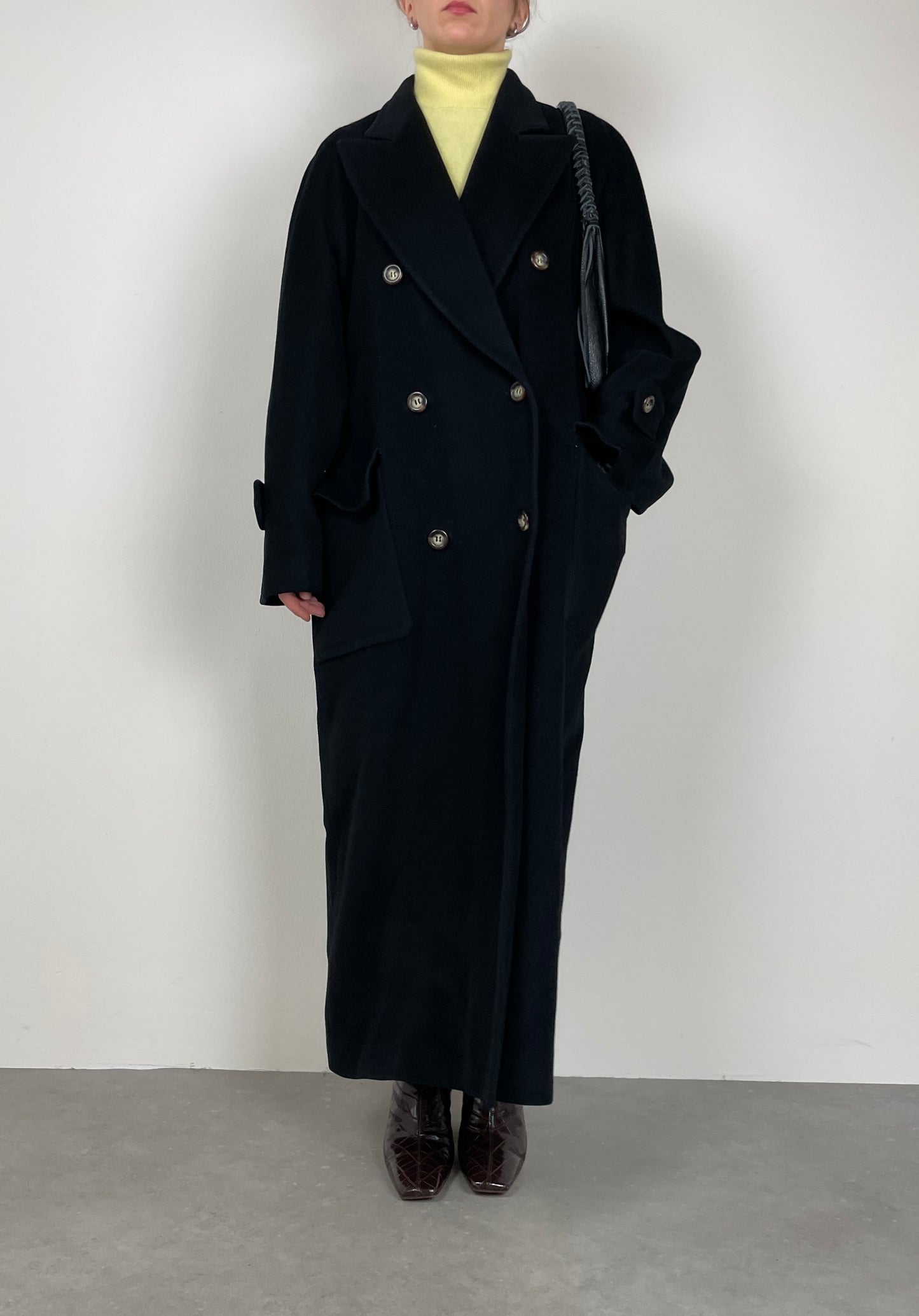 Long black wool, cashmere, angora coat