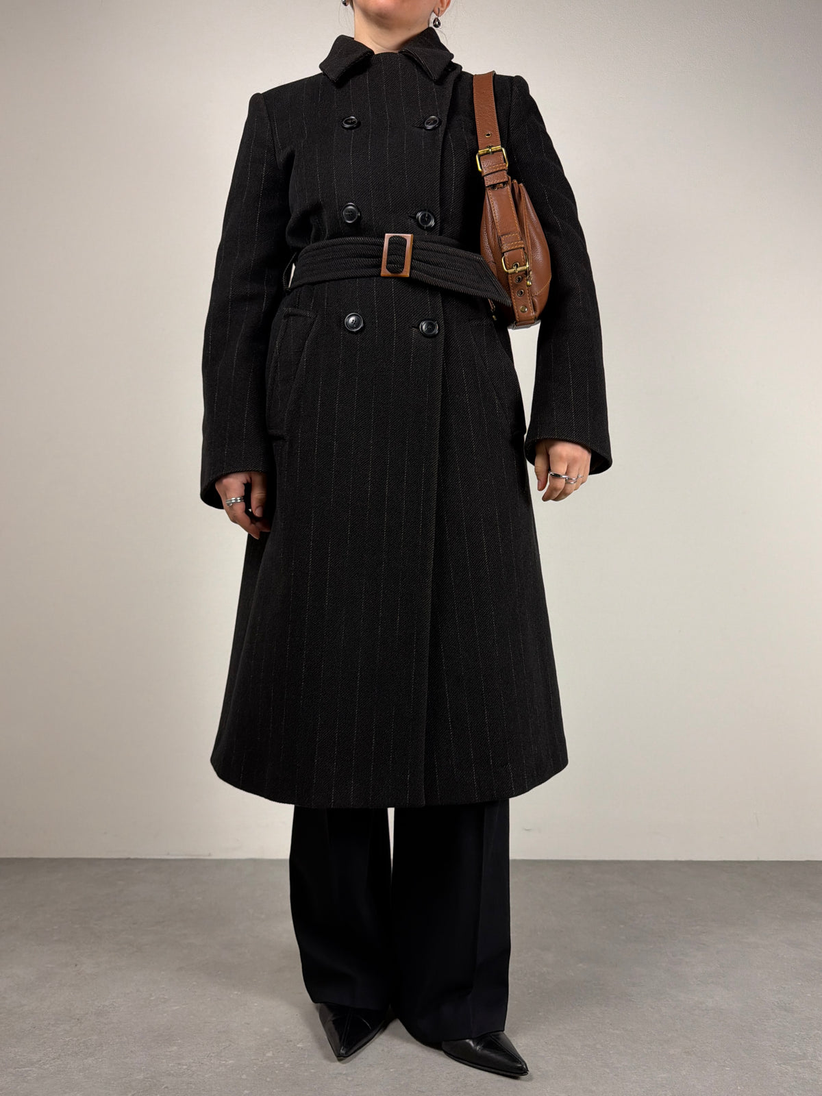 Cappotto gessato in lana e angora made in Italy