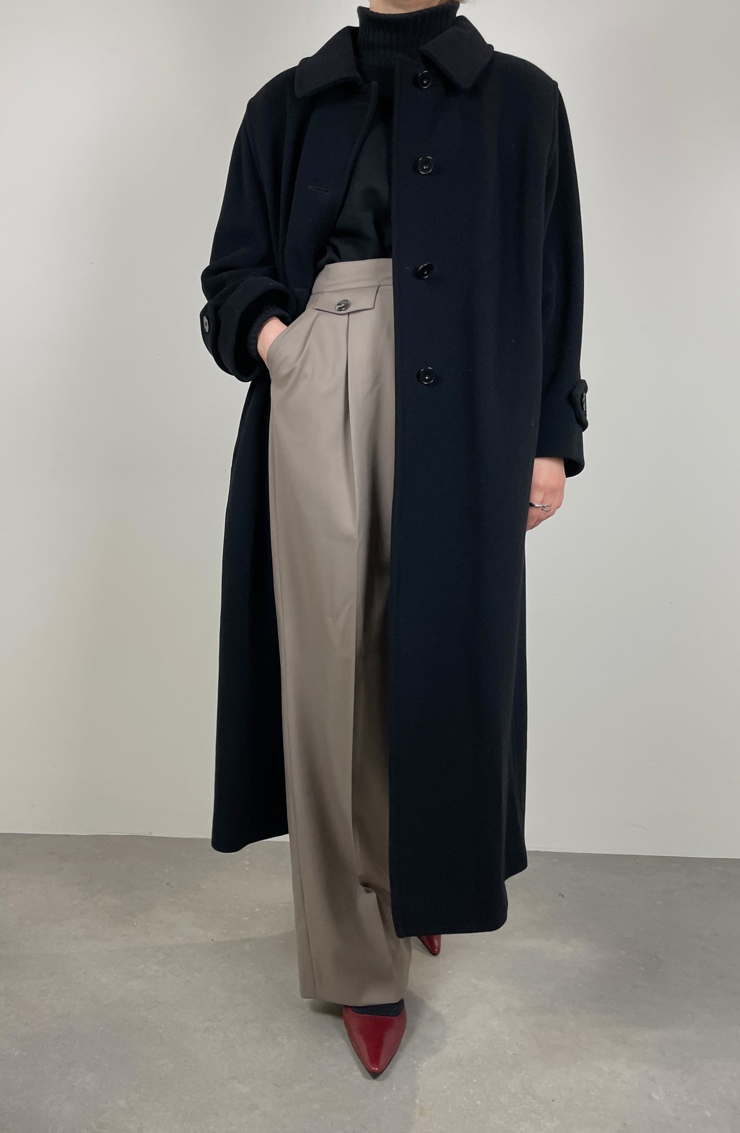 Long black wool coat with belt