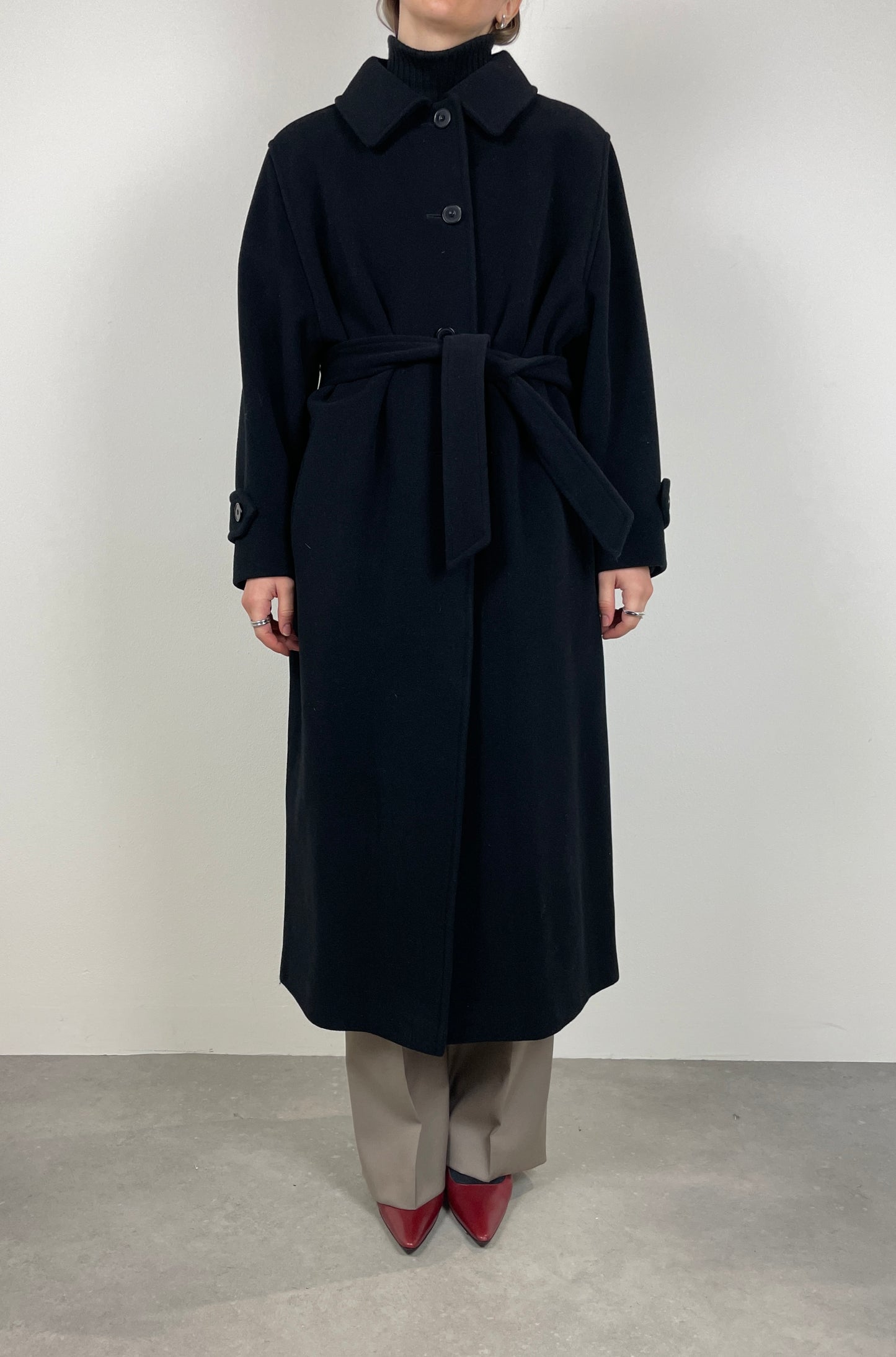 Long black wool coat with belt