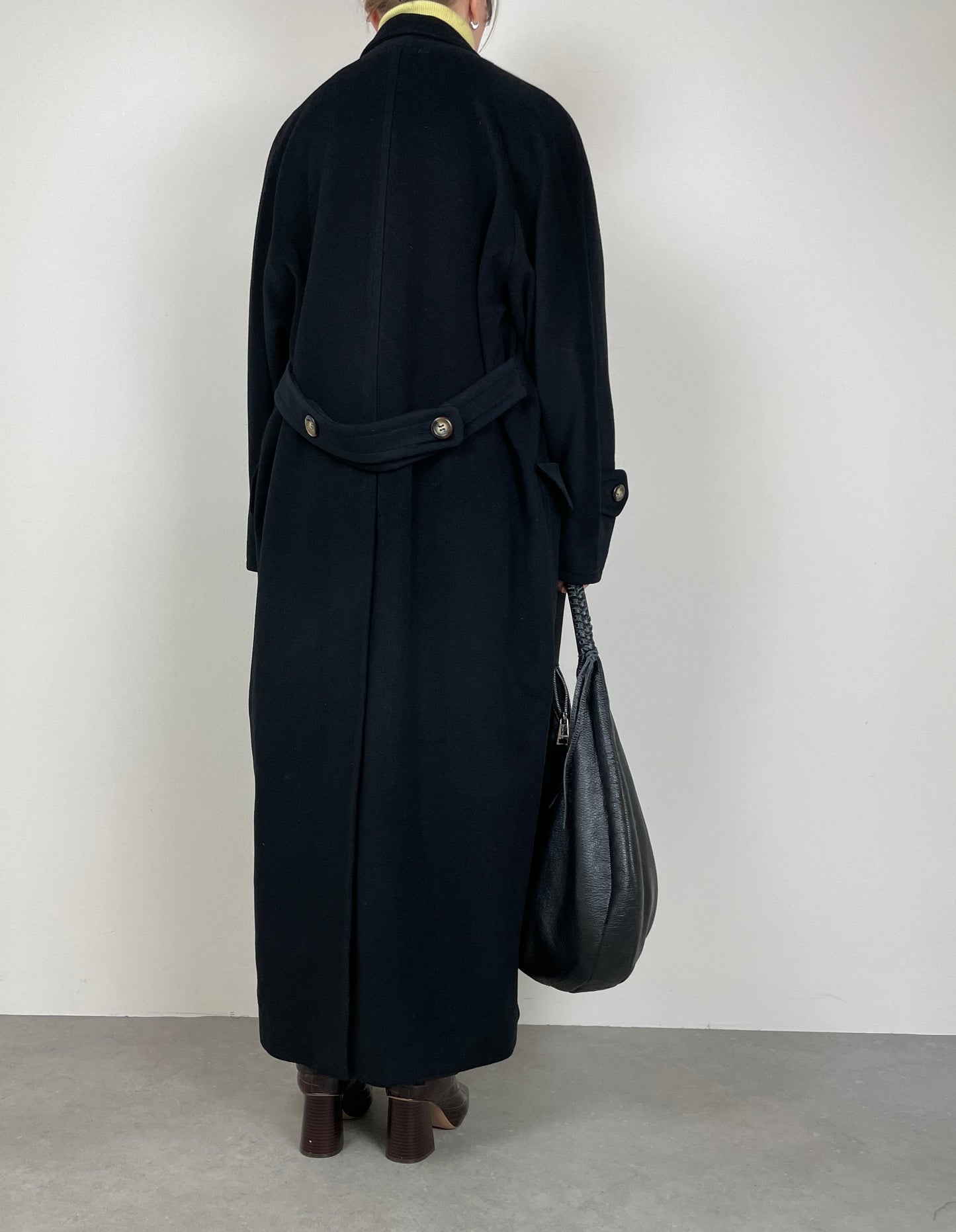 Long black wool, cashmere, angora coat