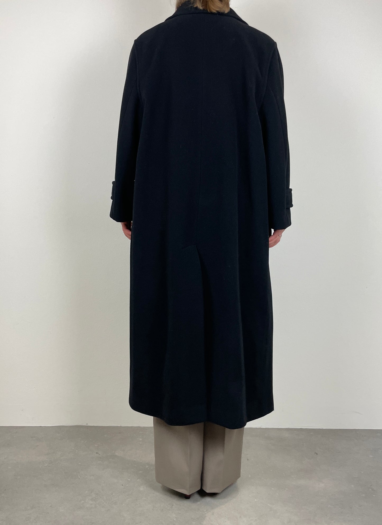 Long black wool coat with belt