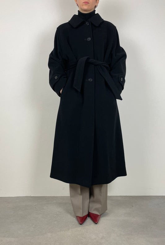 Long black wool coat with belt