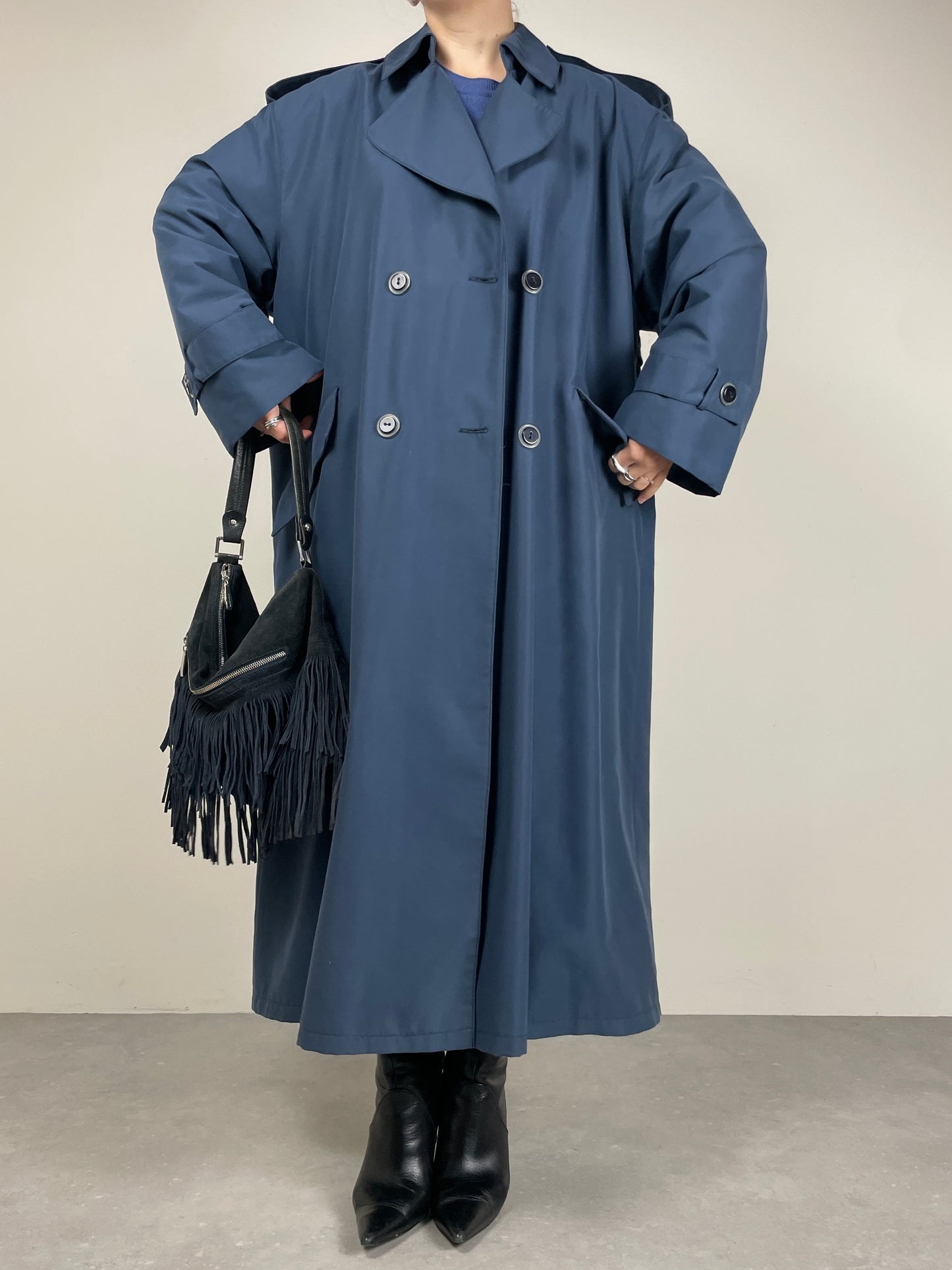 Trench vintage con gilet staccabile in vera pelliccia lapin