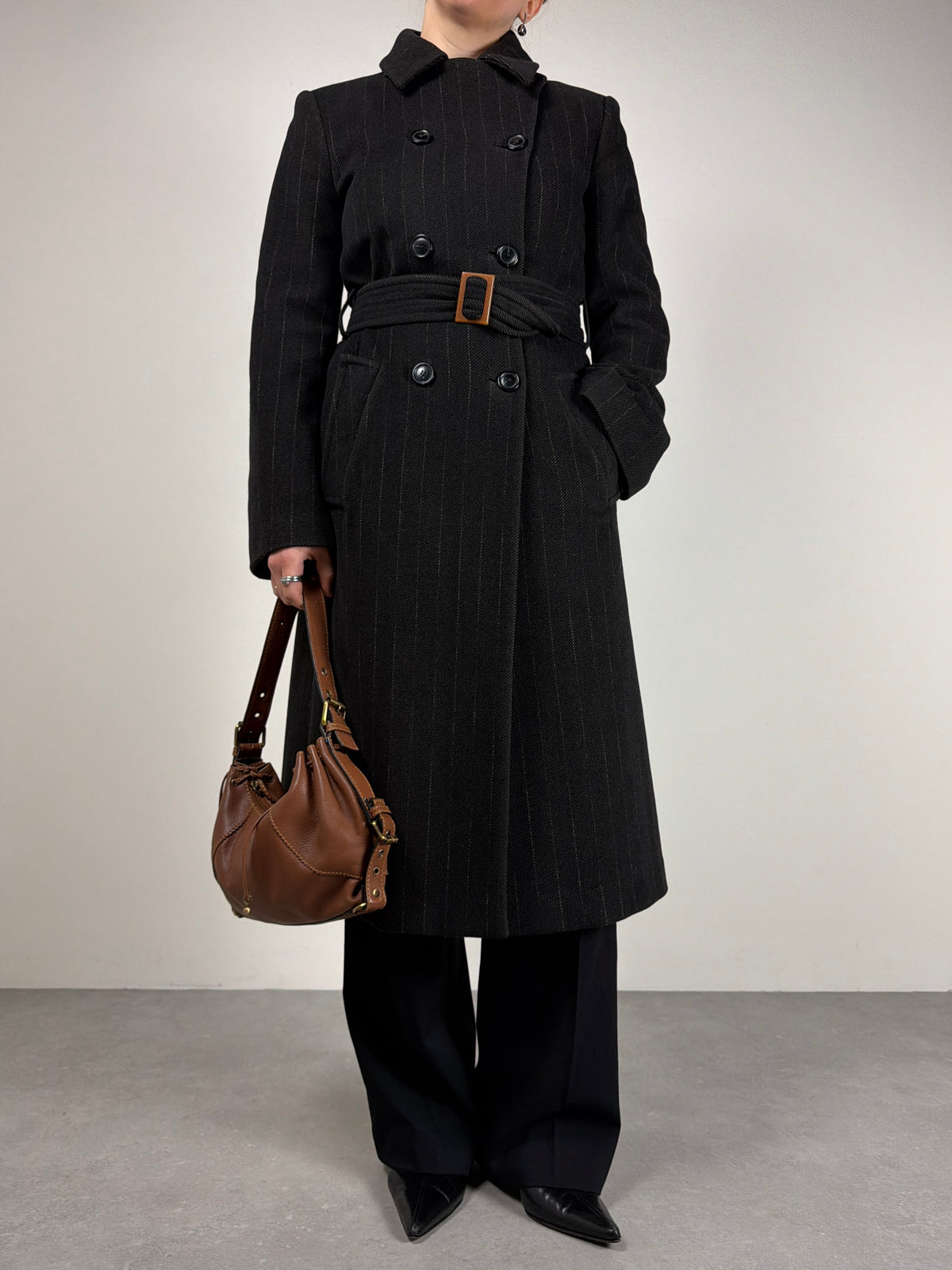 Cappotto gessato in lana e angora made in Italy