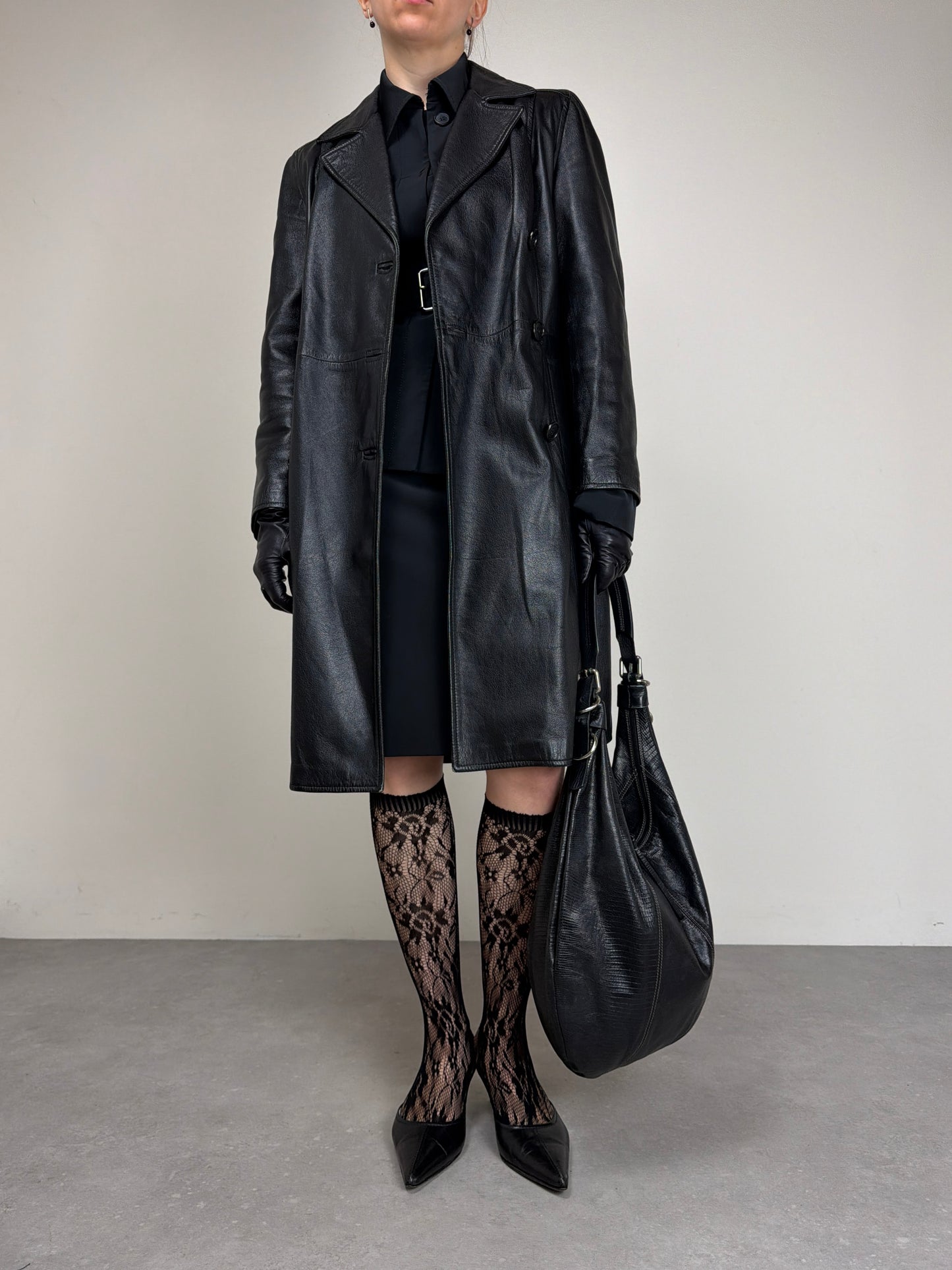 Trench vintage in vera pelle a doppiopetto