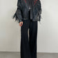Chiodo vintage in pelle con frange e rose