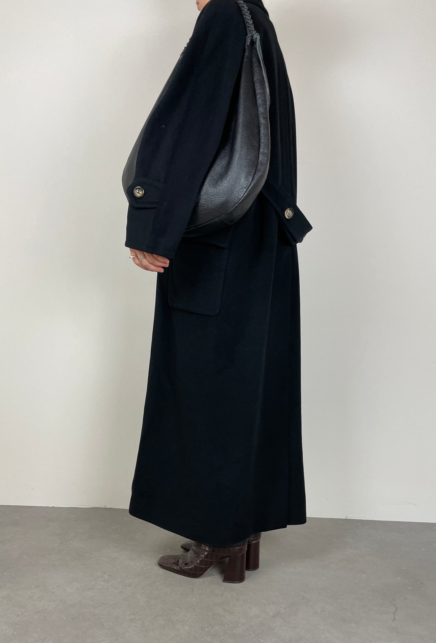 Long black wool, cashmere, angora coat