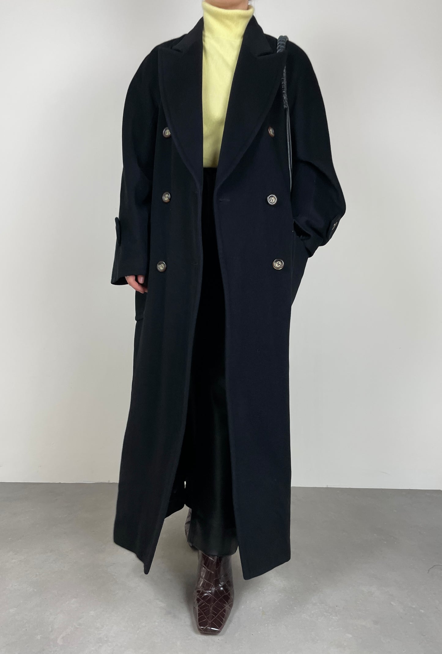 Long black wool, cashmere, angora coat