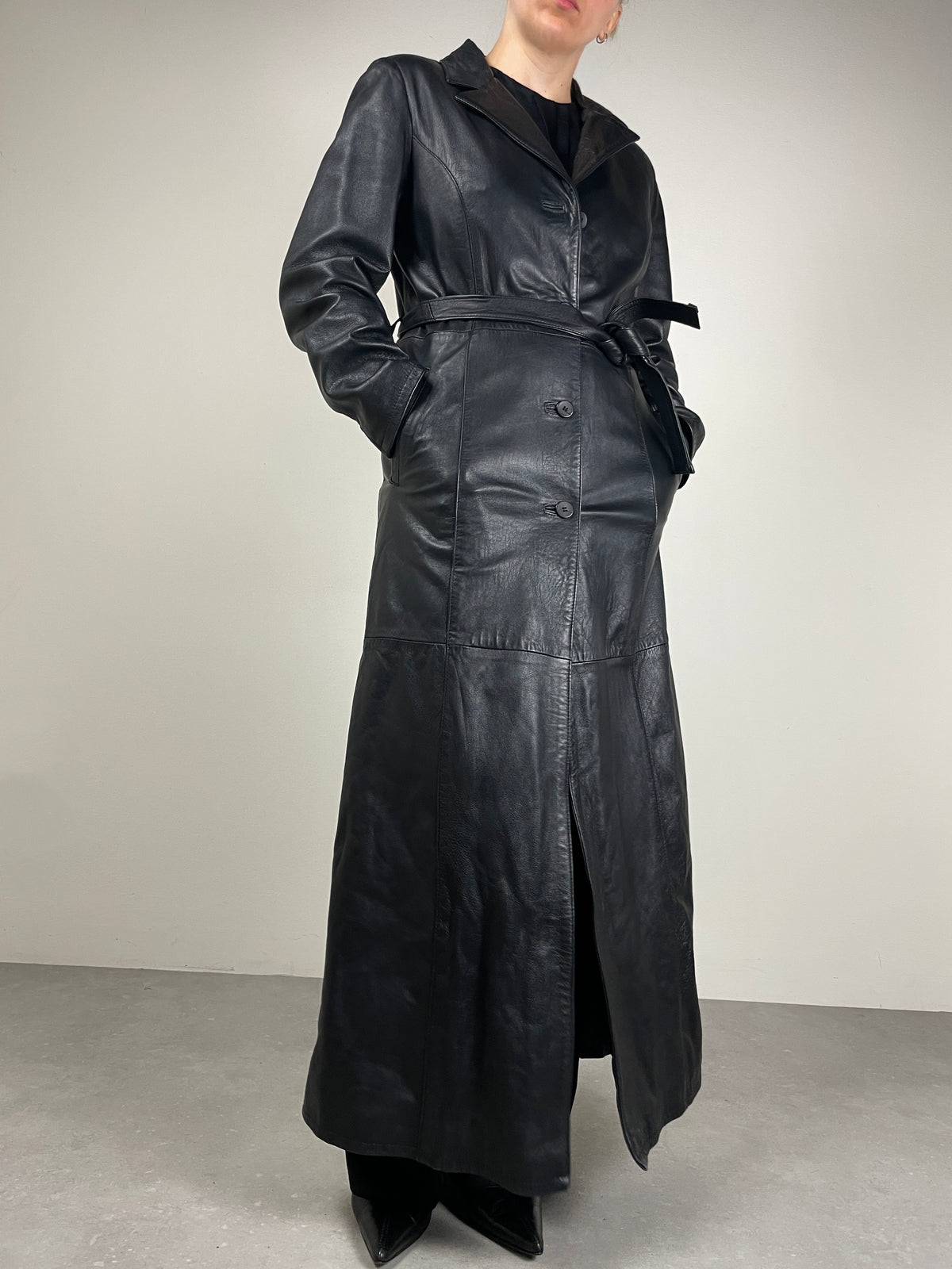 Trench lungo in vera pelle nero