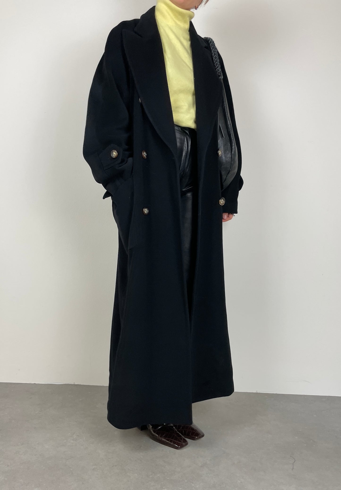 Long black wool, cashmere, angora coat