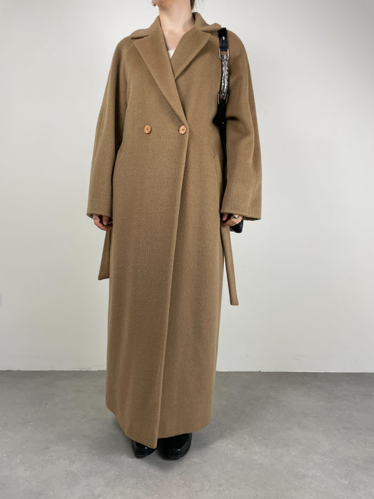 Cappotto vintage Made in Italy in velour di alpaca e lana color nocciola
