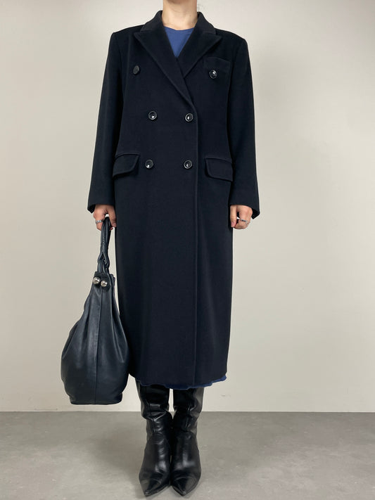 Cappotto a doppiopetto in lana, cashmere e ancora blu scuro