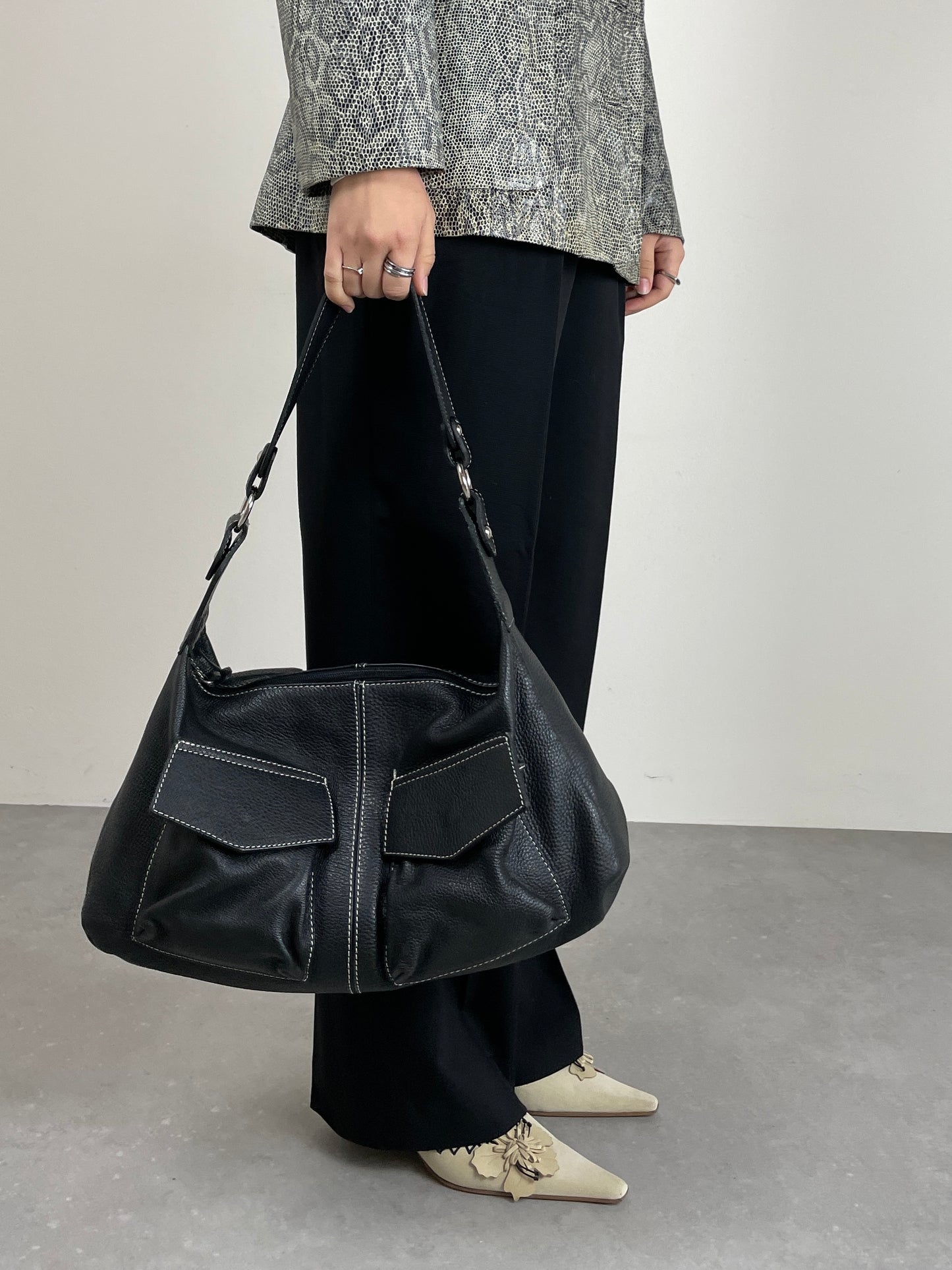 Maxi borsa in vera pelle nera