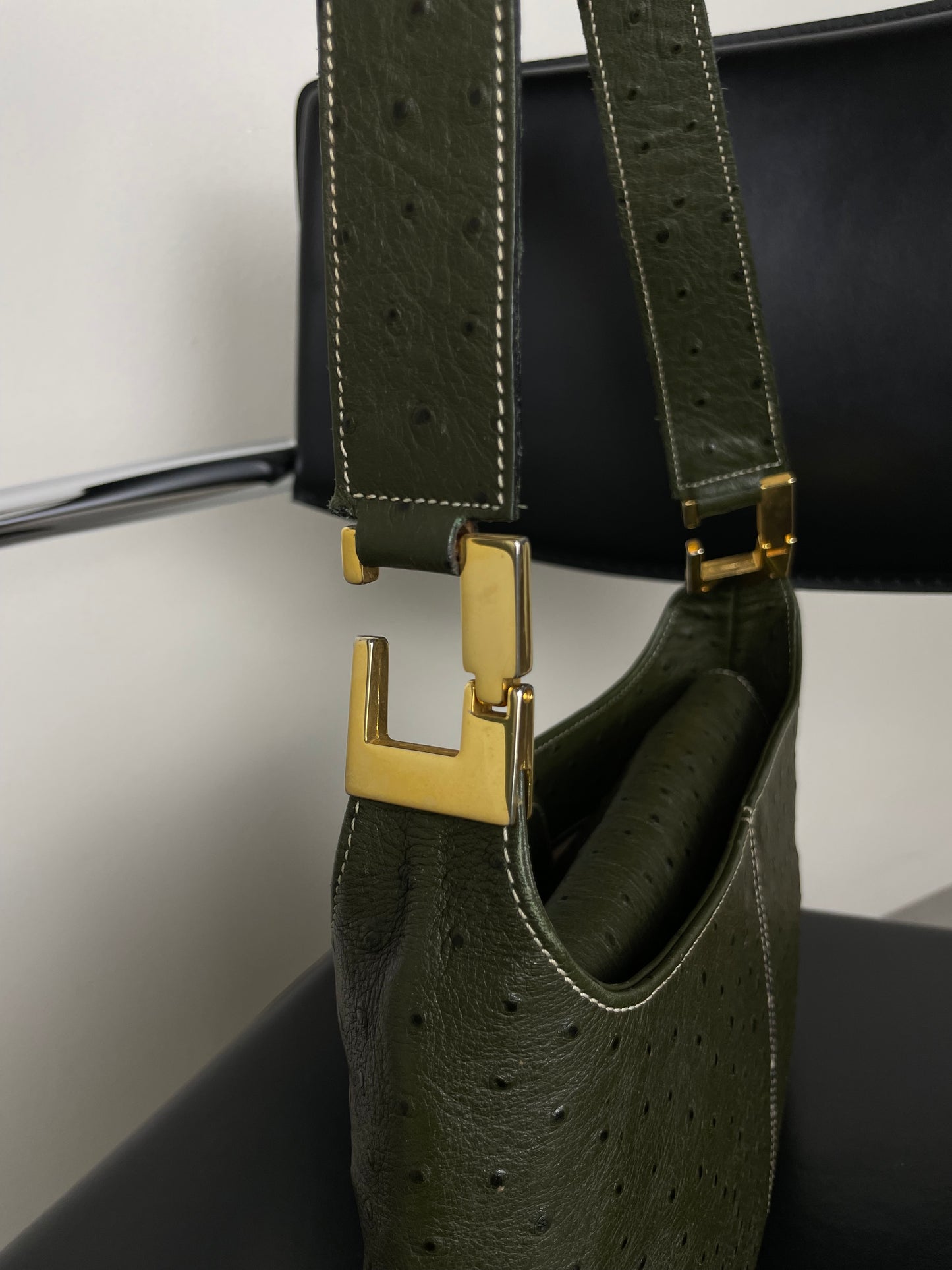 Vintage olive green ostrich leather bag