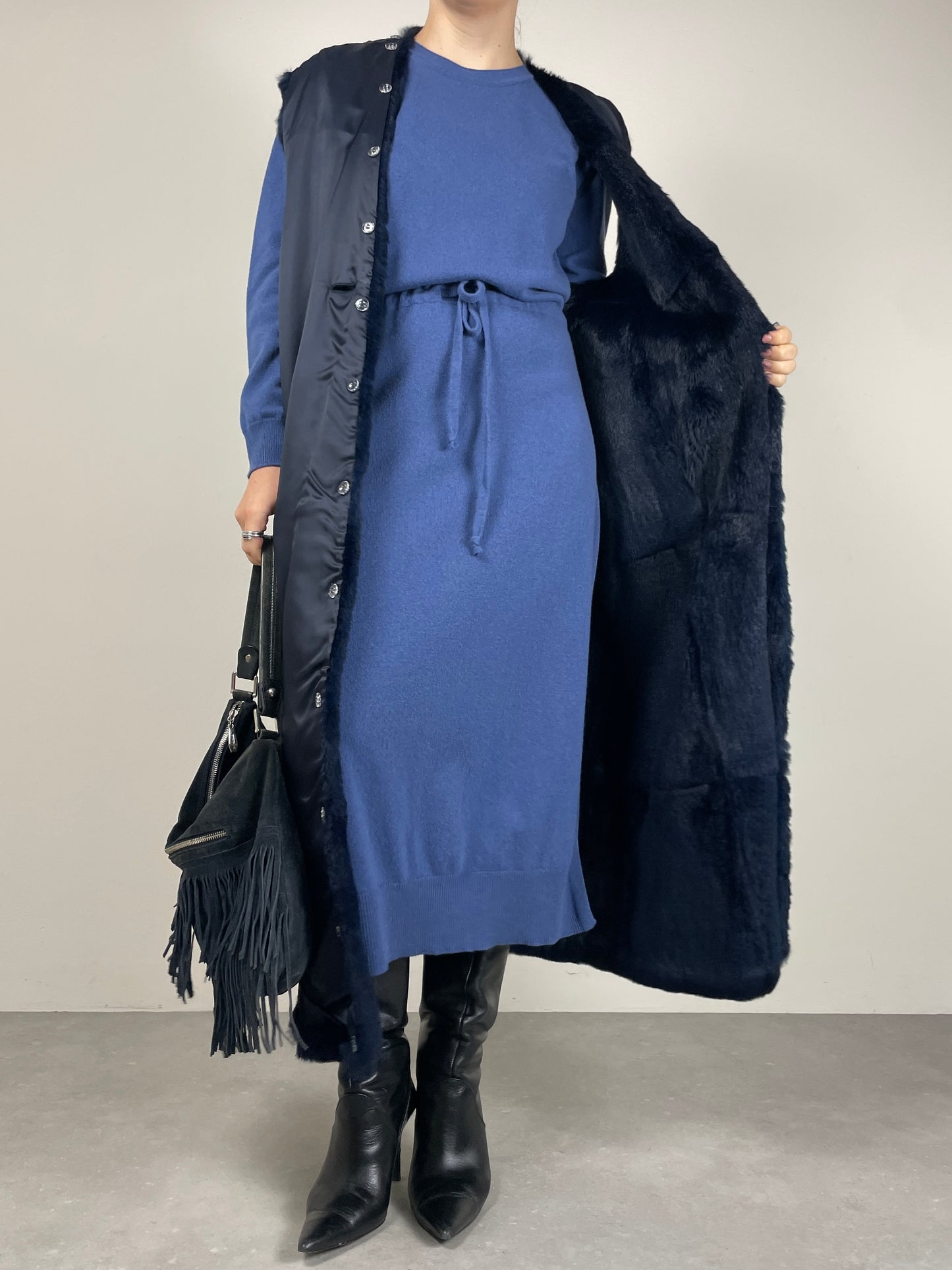 Trench vintage con gilet staccabile in vera pelliccia lapin