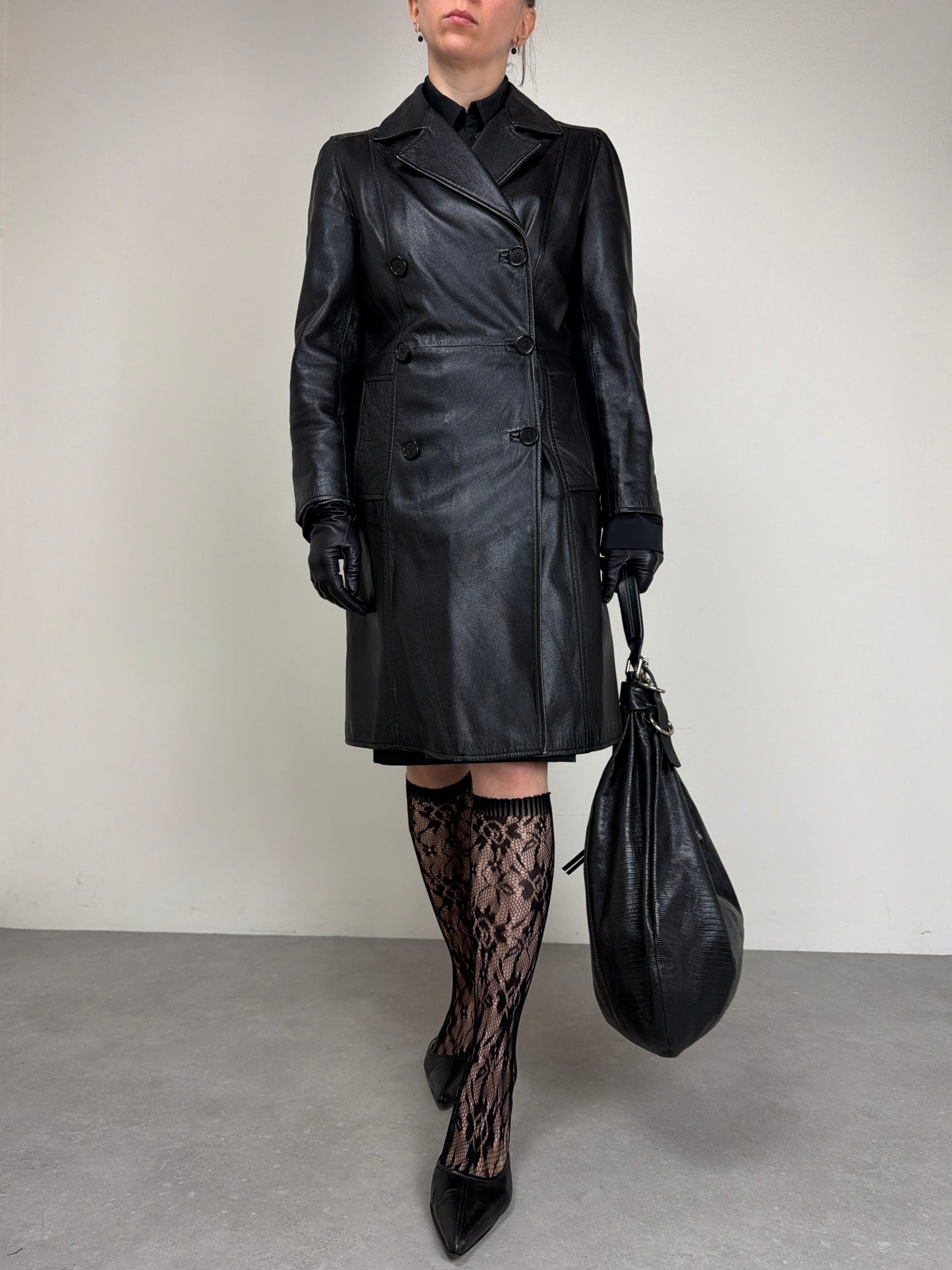 Trench vintage in vera pelle a doppiopetto