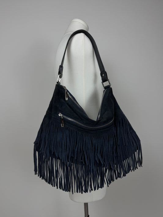 Borsa a spalla in pelle scamosciata blu con frange