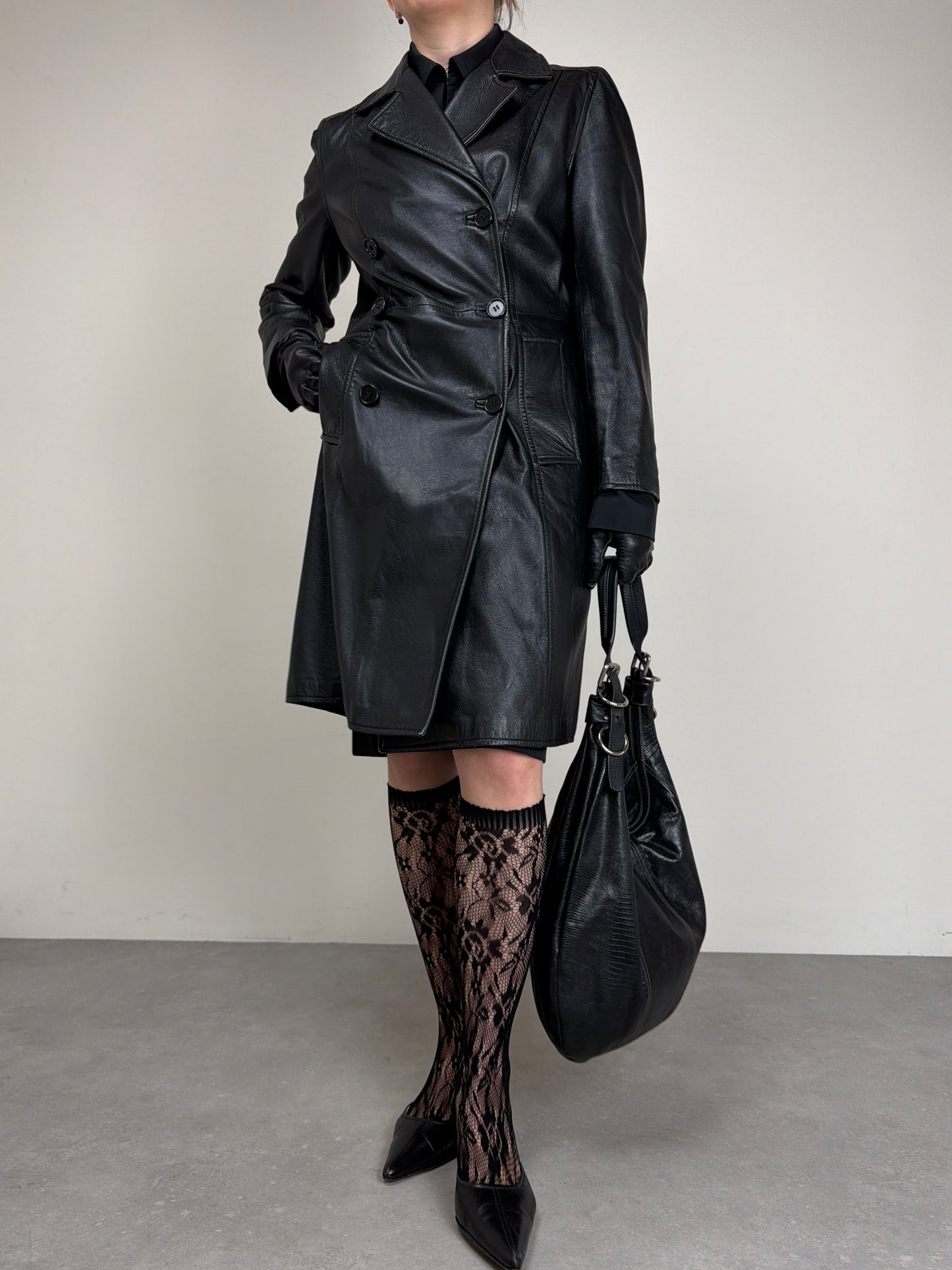 Trench vintage in vera pelle a doppiopetto